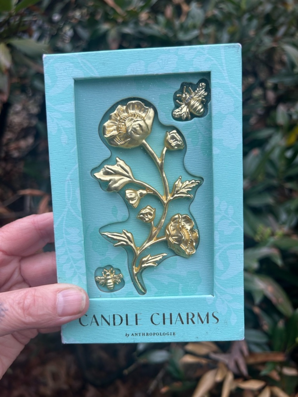 Anthropologie Gold Floral Candle Charms with Aqua Box